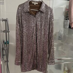 Anthropologie Silver Sequin Button Down Shirt large oversized